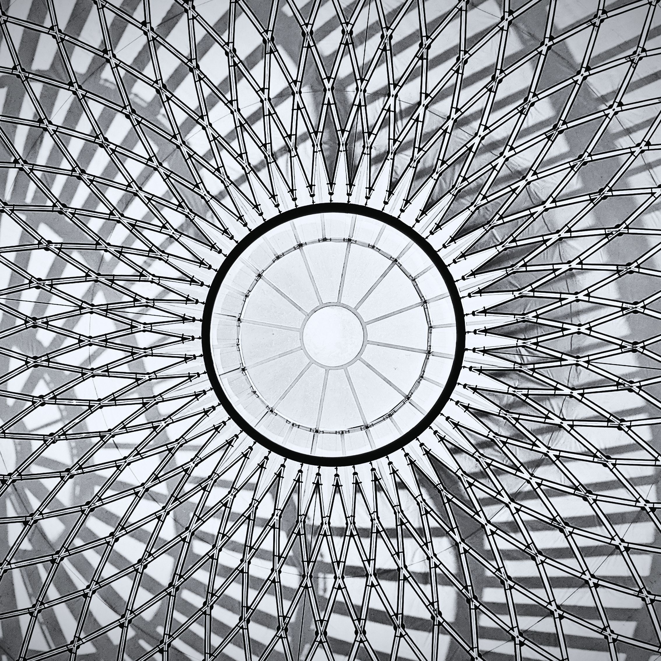 A glazed dome seen from below, its steel net radiating from a central ring.
