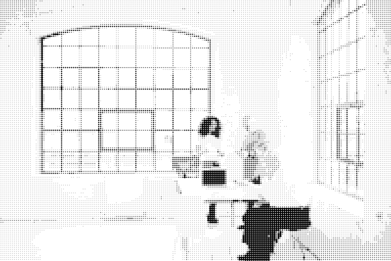 A team at work in a daylit office, drawn as a dot screen