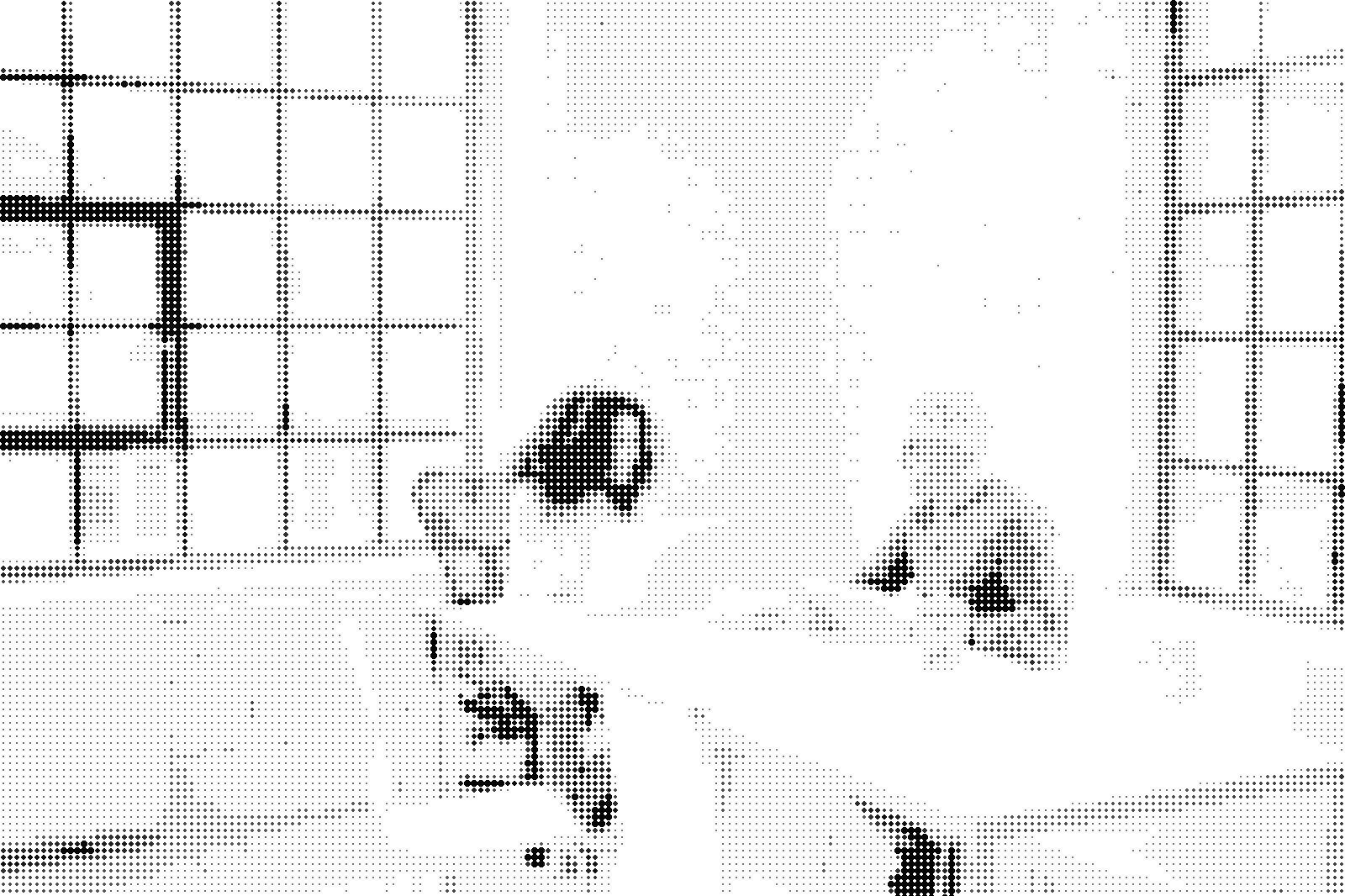 People working at a table by tall windows, drawn as a dot screen